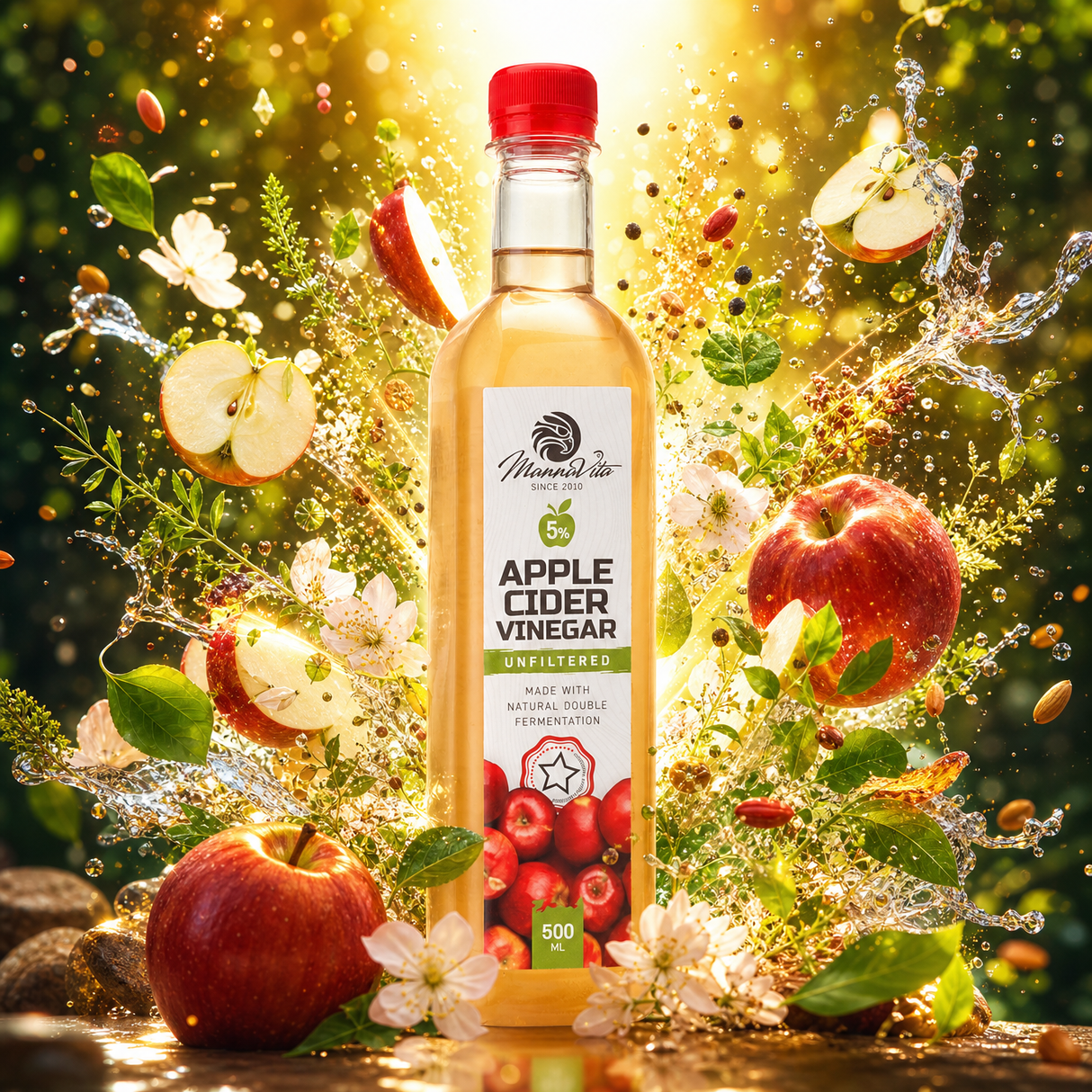 Mannavita ofiltrerad äppelcidervinäger med dubbel jäsning • 500 ml