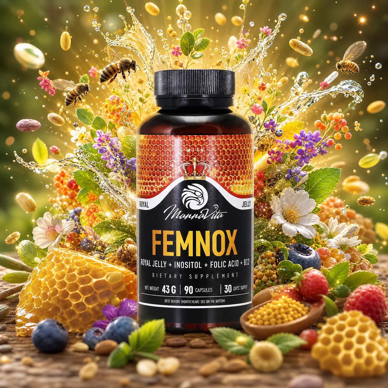 FEMNOX Bidrottninggelé + Inositol + Folsyra + B12-komplex • 90 kapslar